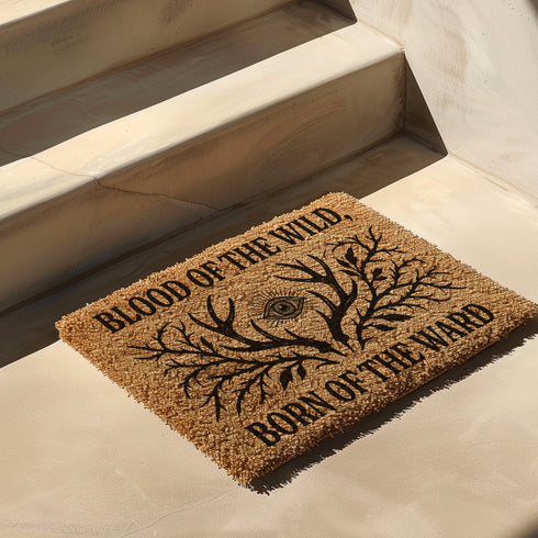 Rectangular coir doormat measuring 24x16 inches featuring black printed text reading “Blood of the Wild, Born of the Ward” with an all-seeing eye symbol and antler-branch illustration. Made from natural coconut fiber with a durable black vinyl backing, this outdoor doormat is weather-resistant and ideal for gothic, witchy, or folklore-inspired entryways.